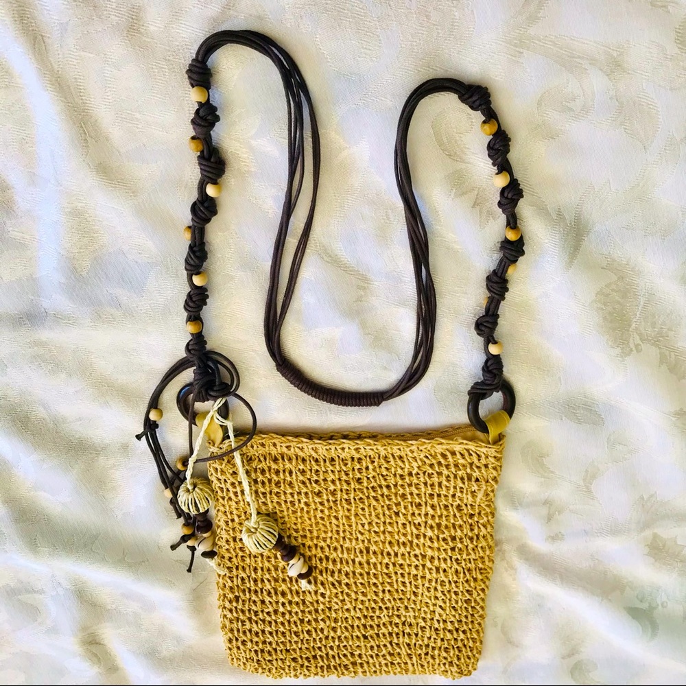 Straw Crossbody shoulder bag BoHo style with macramé type beaded accents/tassels
